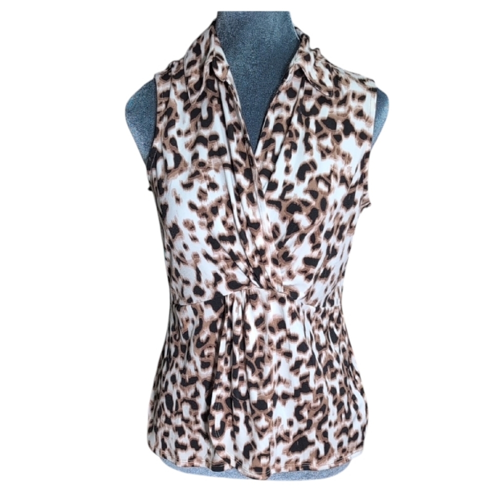 Tahari Sleeveless Leopard Print Collard Top Faux Wrap Size Small